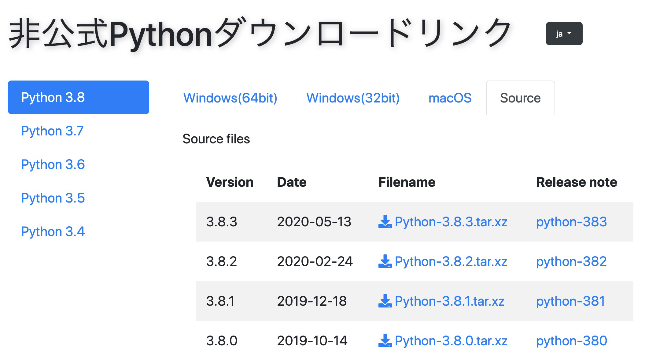 非公式Pythonダウンロードリンク