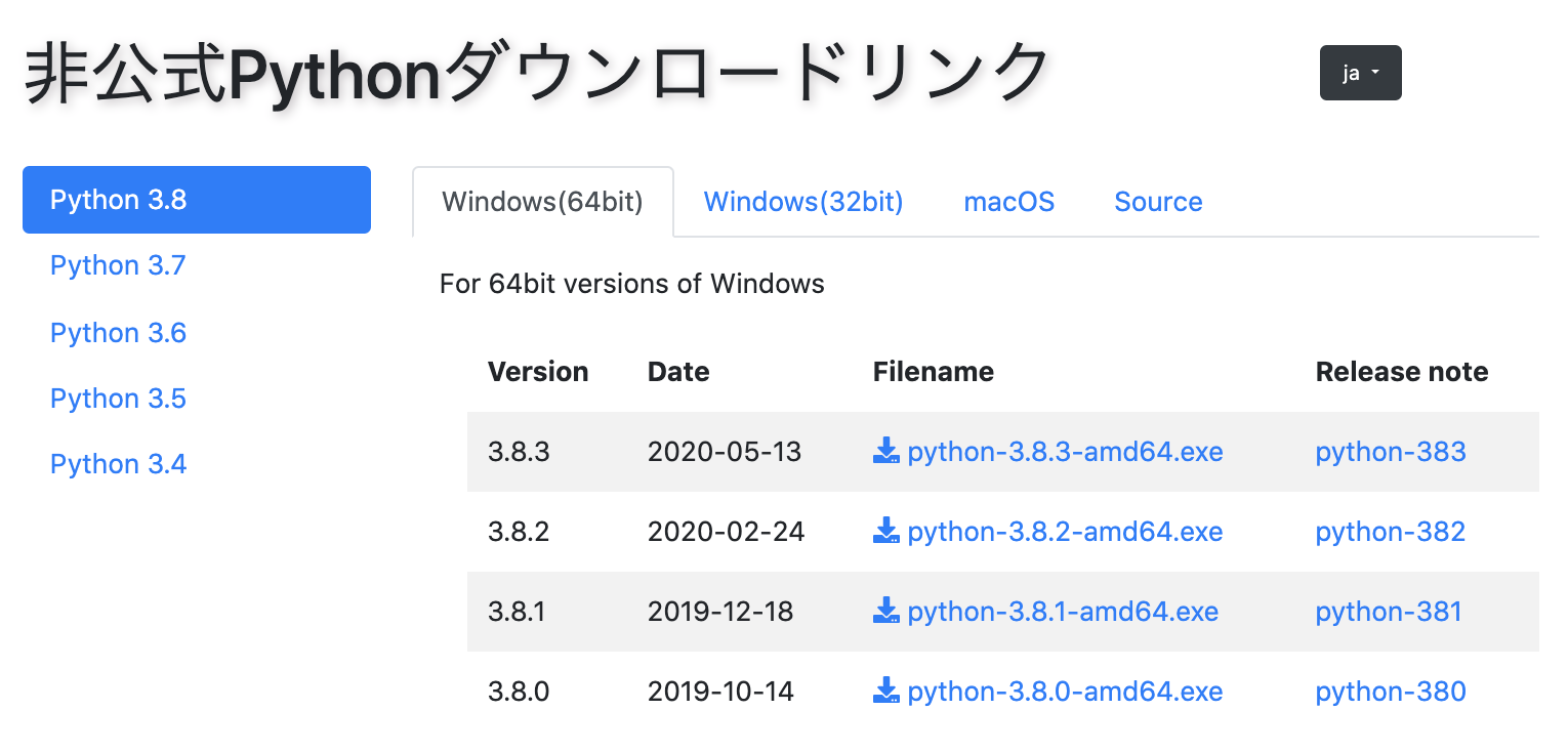 非公式Pythonダウンロードリンク